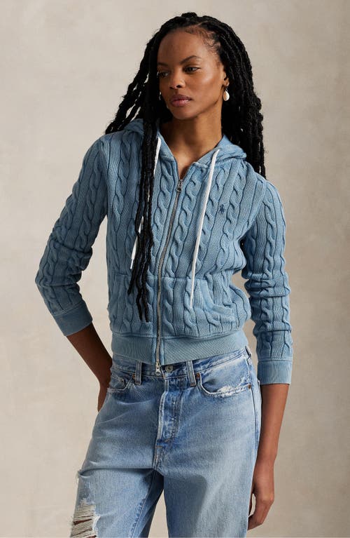 Shop Polo Ralph Lauren Cable Knit Cotton Full Zip Hoodie In Chambray Indigo
