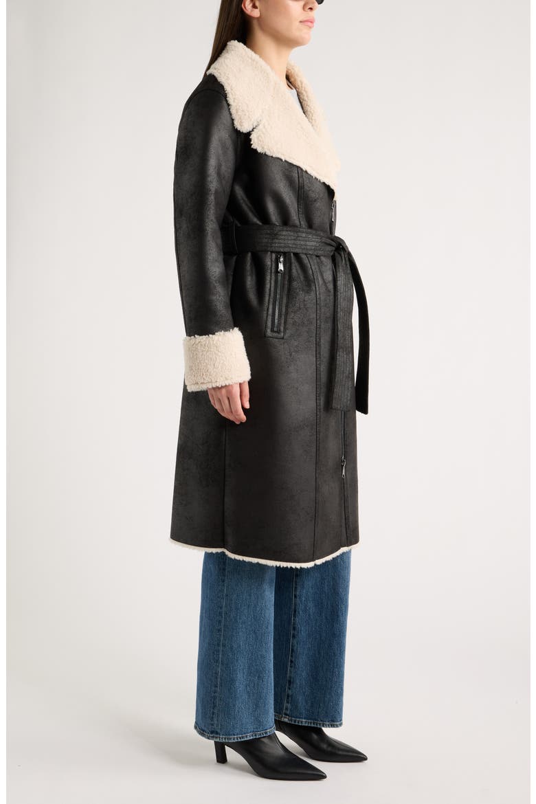 Belted Faux Shearling Coat, Alternate, color, BLACKCREAM