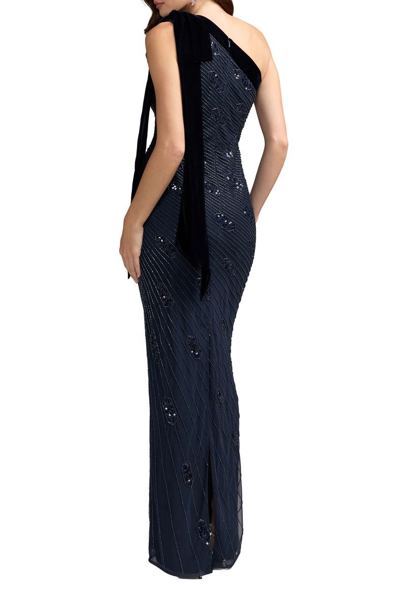 Beaded One Shoulder Gown With Velvet Bow, Alternate, color, Midnight