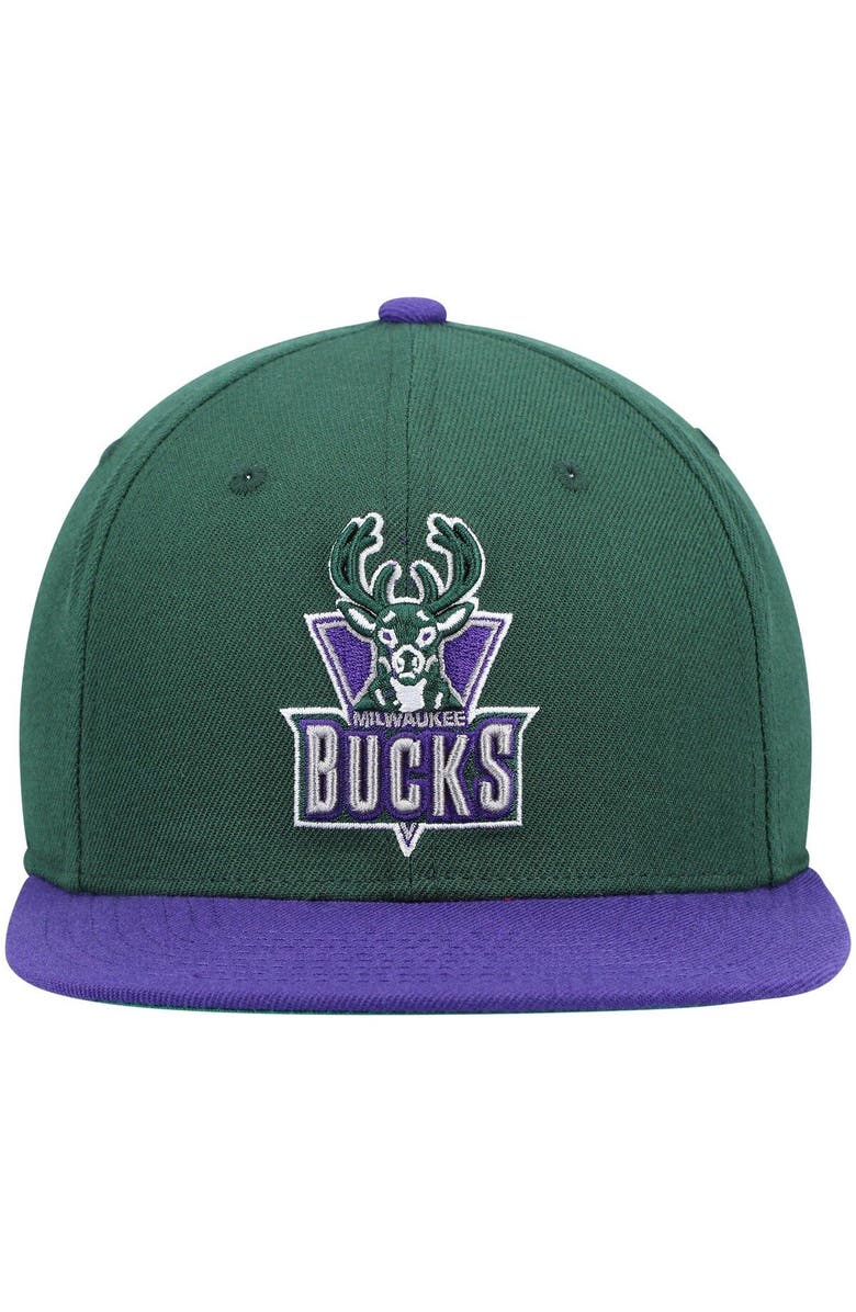 Mitchell & Ness Men's Mitchell & Ness Green/Purple Milwaukee Bucks Hardwood Classics Team Two-Tone 2.0 Snapback Hat, Alternate, color, Hunter Green