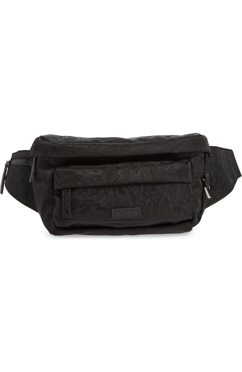 Versace Small Barocco Jacquard Nylon Belt Bag, Main, color, Black Ruthenium
