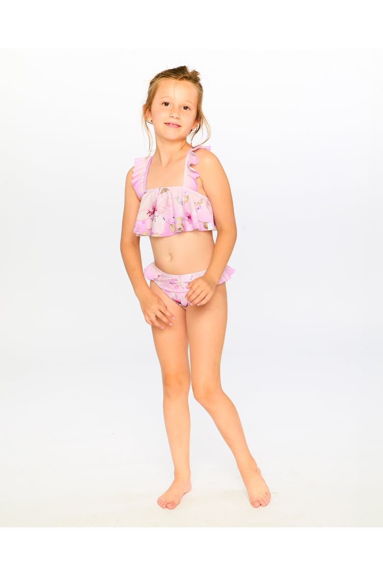 Two-Piece Ruffle Flared Flower Swimsuit, Alternate, color, Purple Flower Print