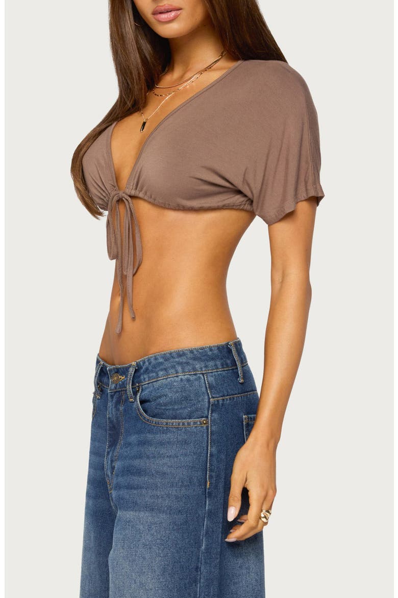 Micky Tie Front V-Neck Crop Top, Alternate, color, BROWN