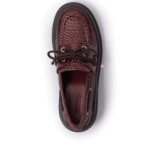 Bernardo Nico Croc-embossed Leather Lug-sole Boat Loafers In Burgundy