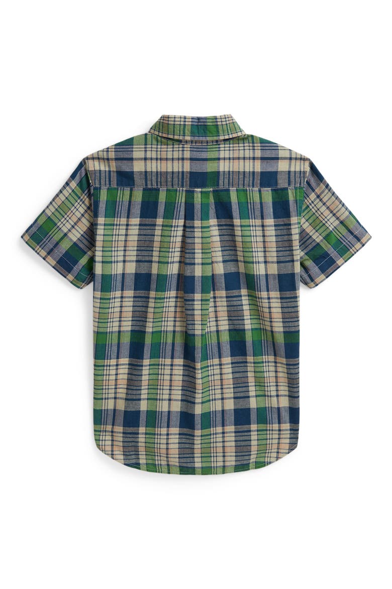 Kids' Madras Plaid Short Sleeve Cotton Button-Down Shirt, Alternate, color, WHITE NAVY MULTI