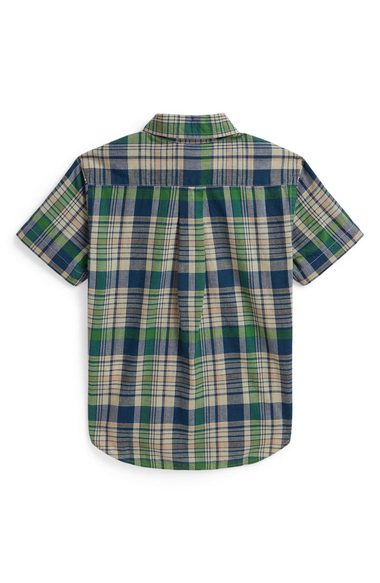 Polo Ralph Lauren Kids' Madras Plaid Short Sleeve Cotton Button-Down Shirt, Alternate, color, White Navy Multi
