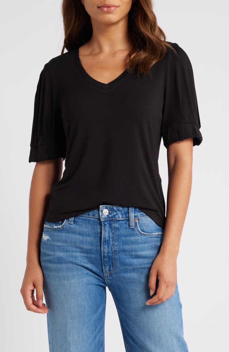 DKNY Pleat Sleeve Jersey Top, Main, color, 