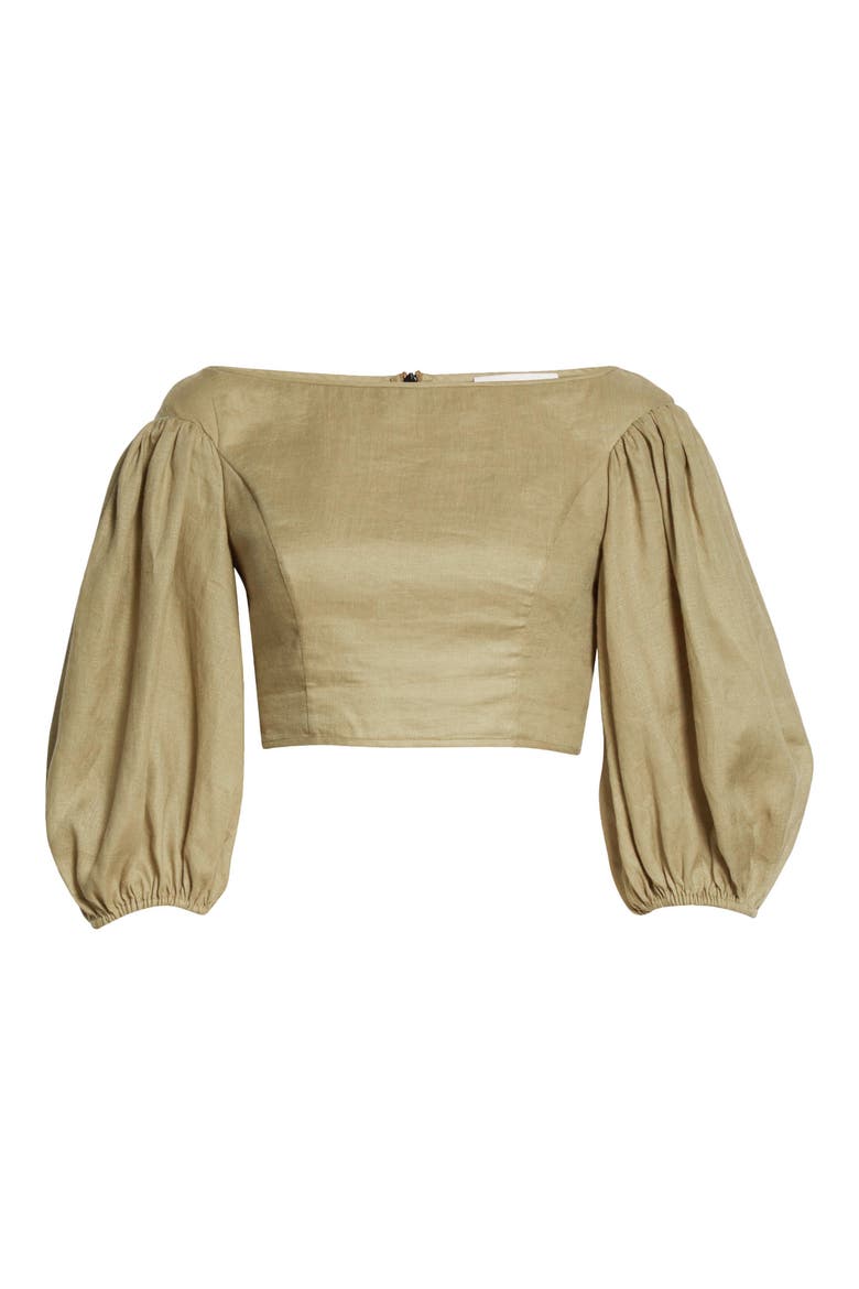Empire Puff Sleeve Linen Crop Top, Alternate, color, KHAKI
