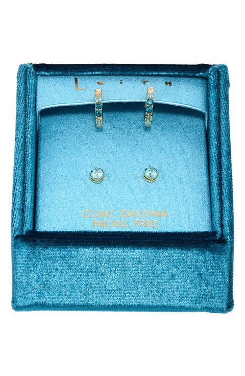 Set of 2 Cubic Zirconia Stud & Huggie Hoop Earrings