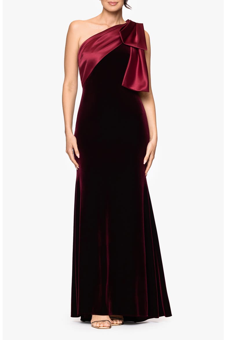 Bow One-Shoulder Mikado Gown, Main, color, BURGUNDY