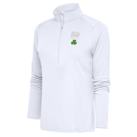 Women's Antigua  White Philadelphia Flyers Shamrock Tribute Half-Zip Pullover Top