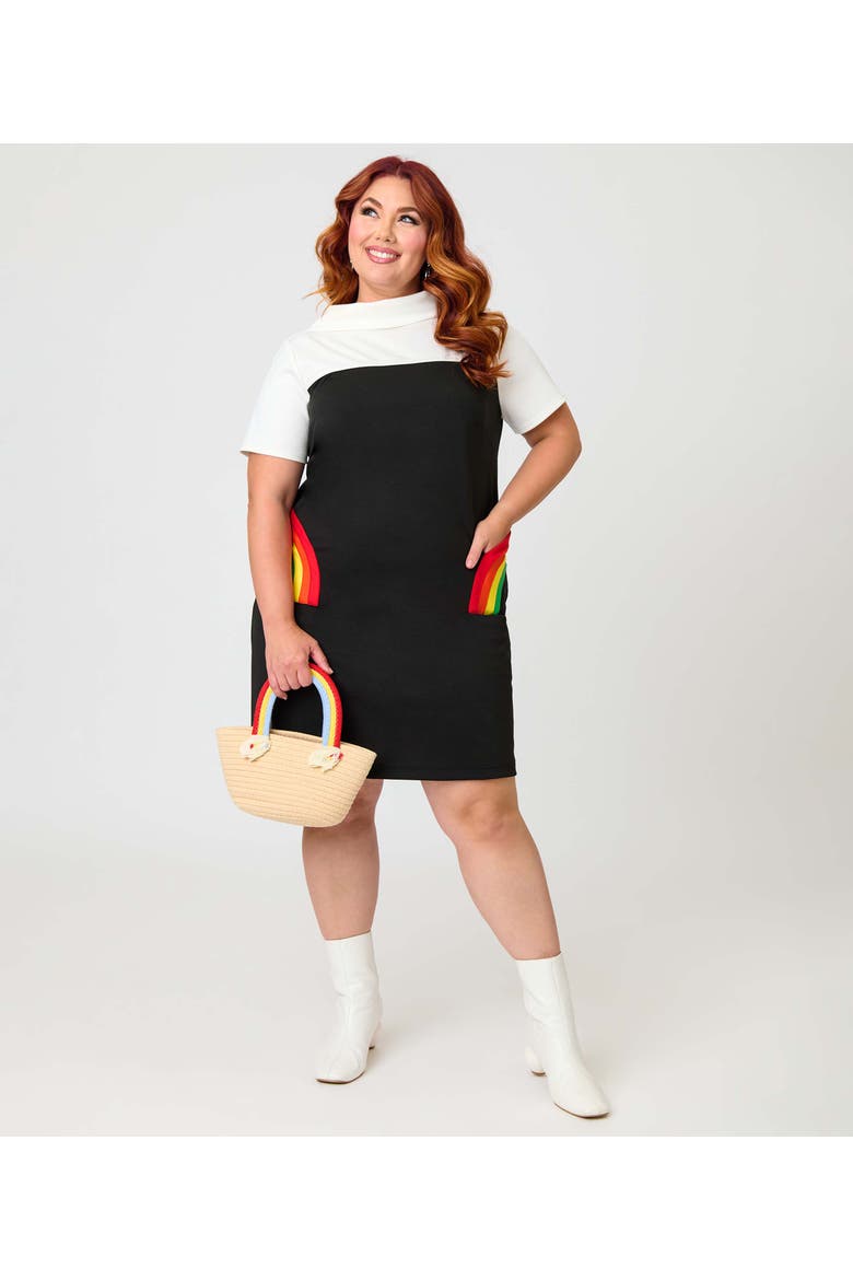 Plus Size Mock Neck Patch Pocket Shift Dress, Alternate, color, Black w/Rainbow Pocket