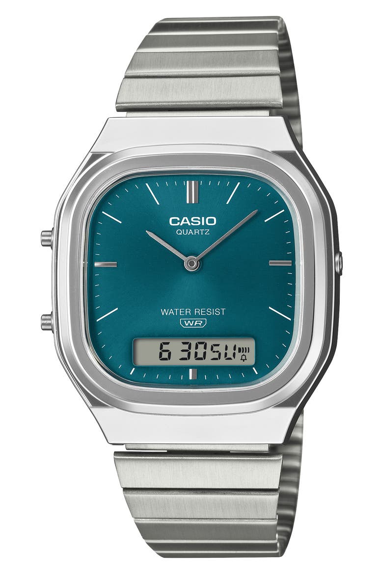 Vintage Ana-Digi Stainless Steel Bracelet Watch, Main, color, SILVER/ TEAL