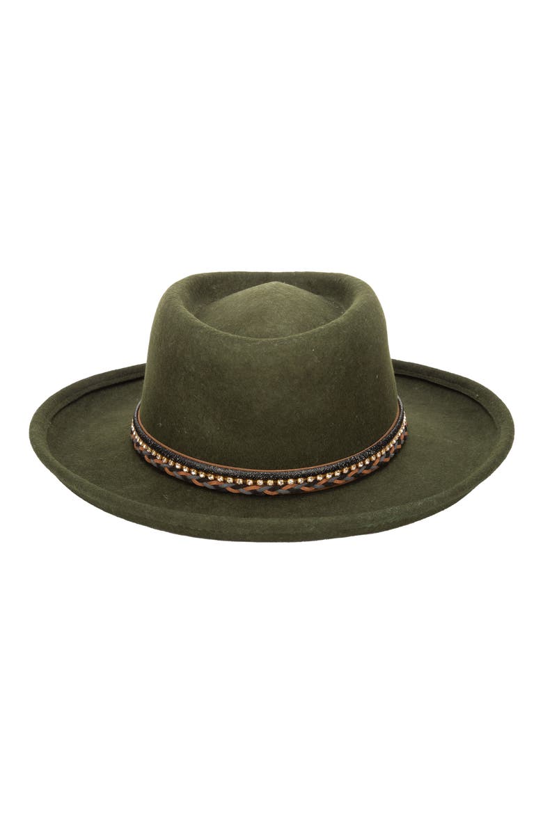 Rhinestone & Braided Leather Wool Gambler Hat, Main, color, GREEN