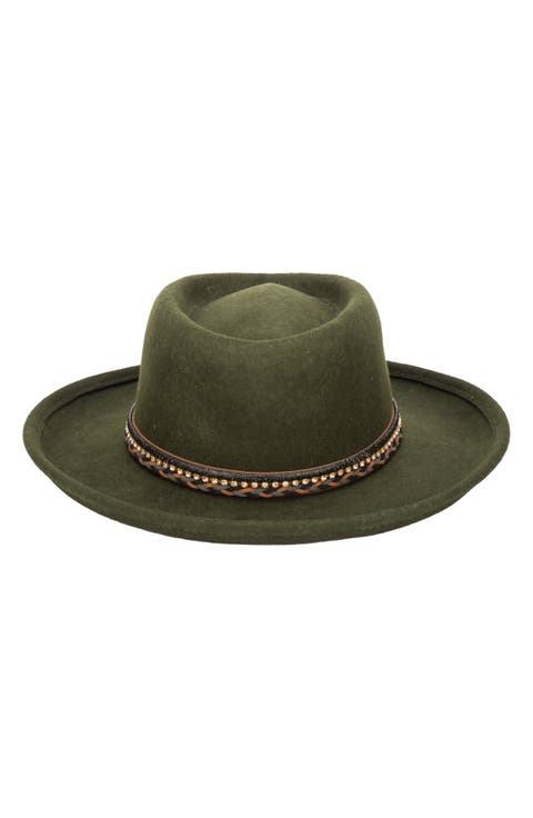 Rhinestone & Braided Leather Wool Gambler Hat