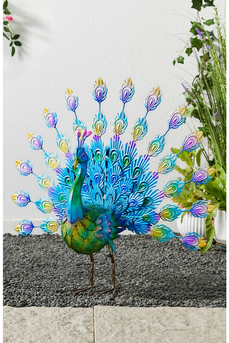 28.75"W Metal Peacock Tail Spread Garden Statue with Stakes, Alternate, color, Blue