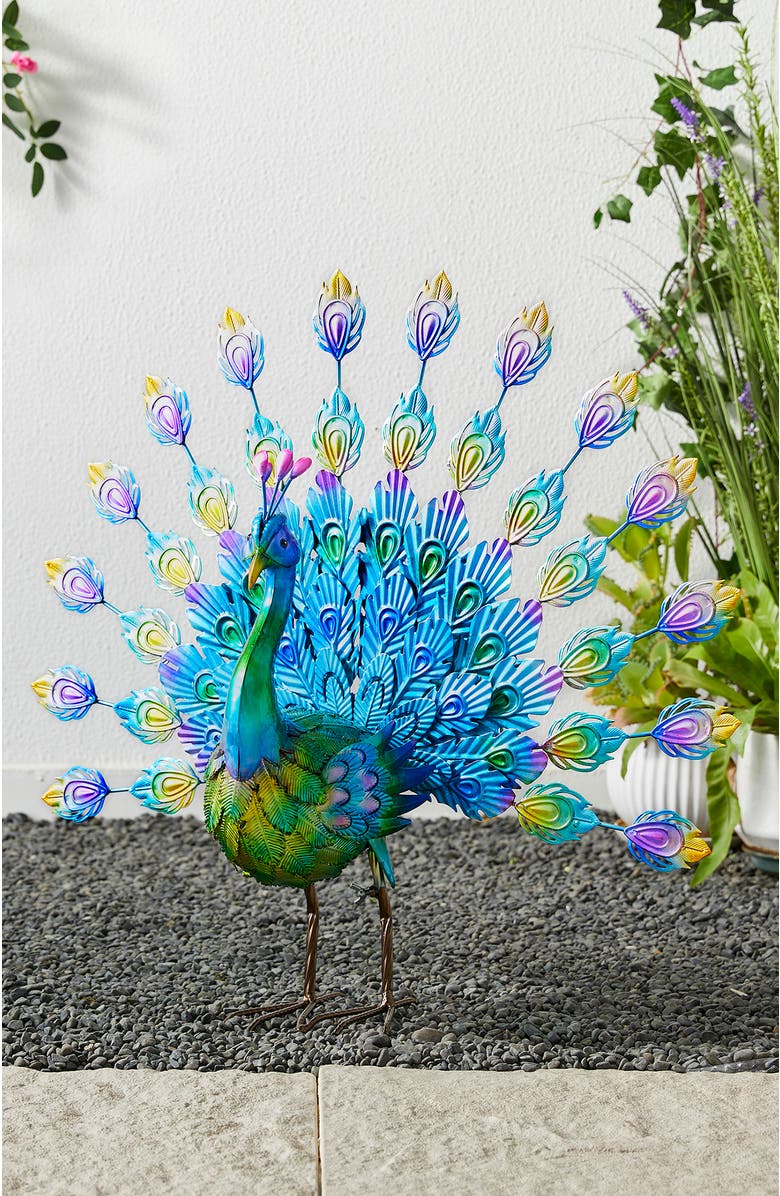 Glitzhome 28.75"W Metal Peacock Tail Spread Garden Statue with Stakes, Alternate, color, Blue