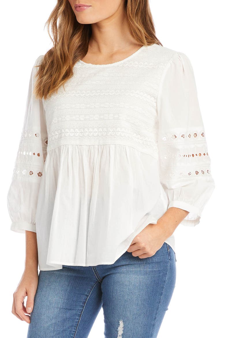 Eyelet Trim Cotton Popover Blouse, Alternate, color, OFF-WHITE