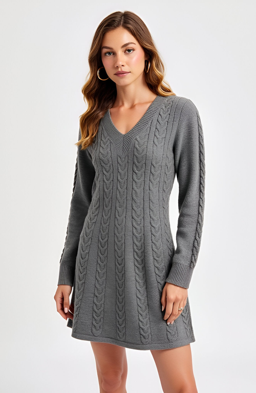 Modenaire Cable Knit V-neck Long-sleeve Sweater Dress In Gray
