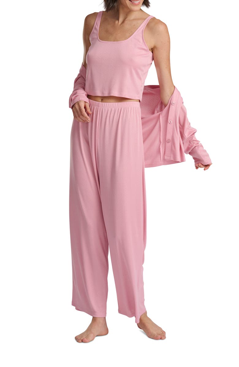 Splendid Pointelle Cardigan, Camisole & Pants Pajamas, Alternate, color, Pink Nectar