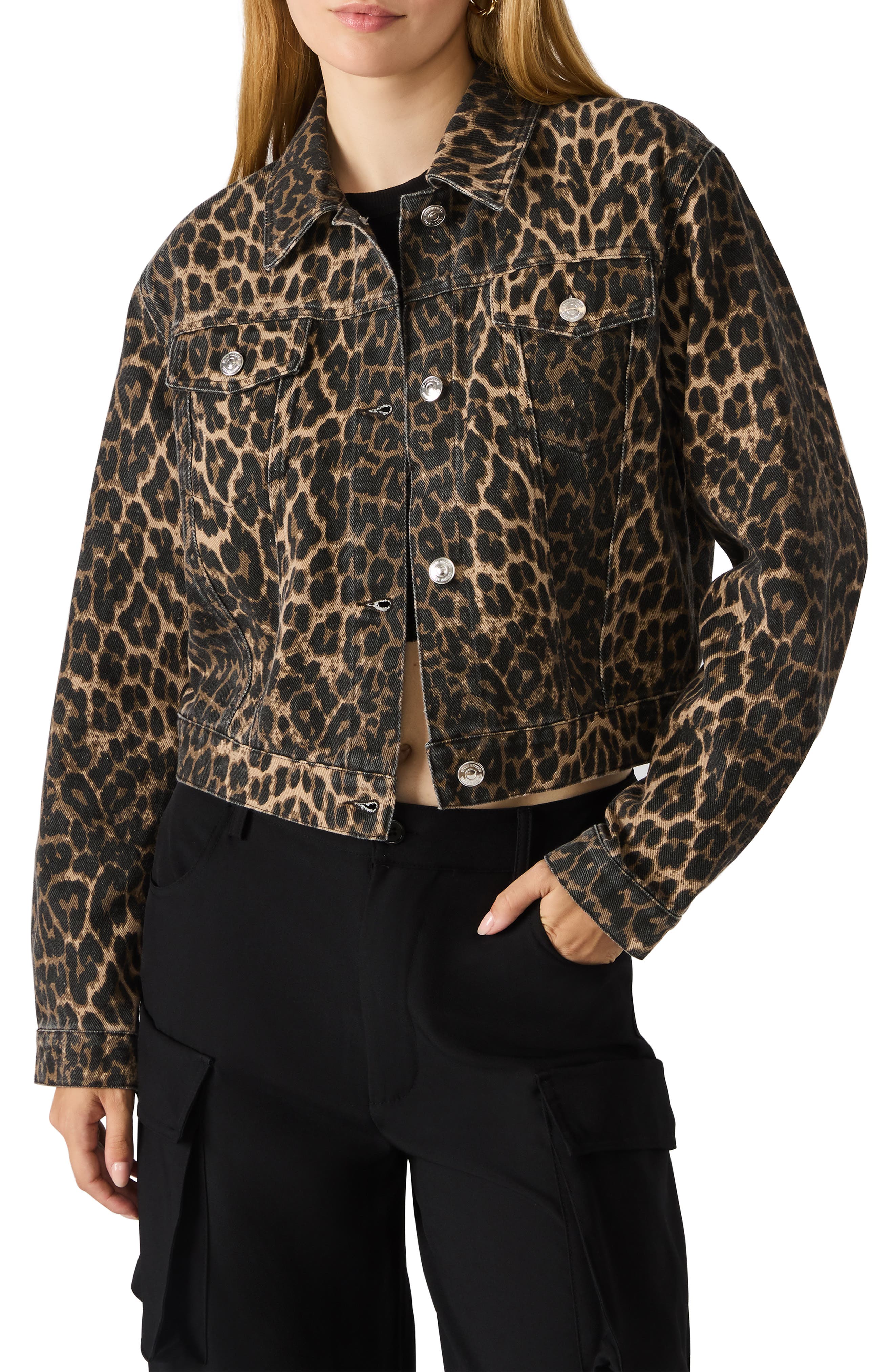 Steve Madden Leopard Print Crop Denim Jacket