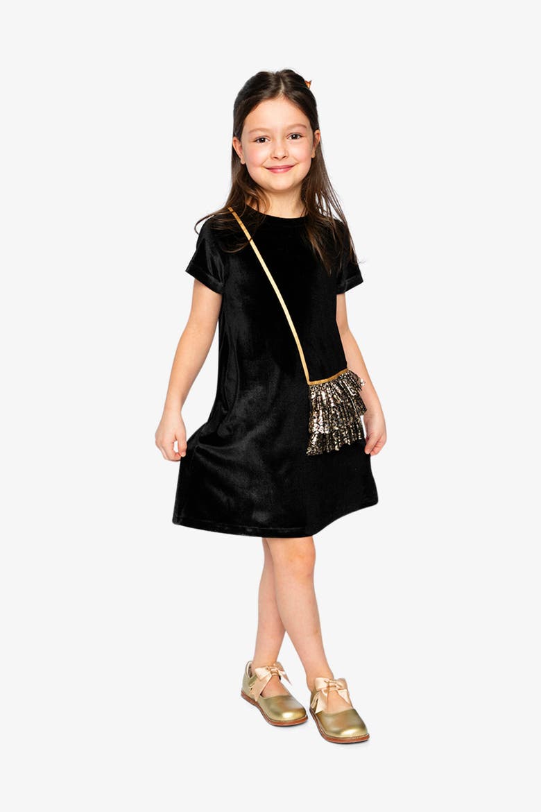 Metallic Bag Appliqué Sleeveless A-Line Dress, Alternate, color, Black and Gold