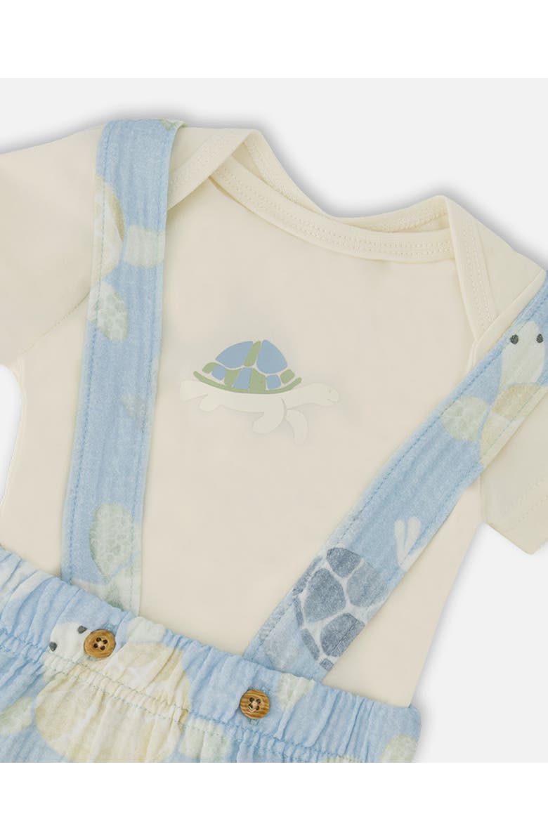 Deux par Deux Organic Cotton Jersey Bodysuit and Muslin Turtle Print Shortall Set, Alternate, color, White & Blue Turtle Print