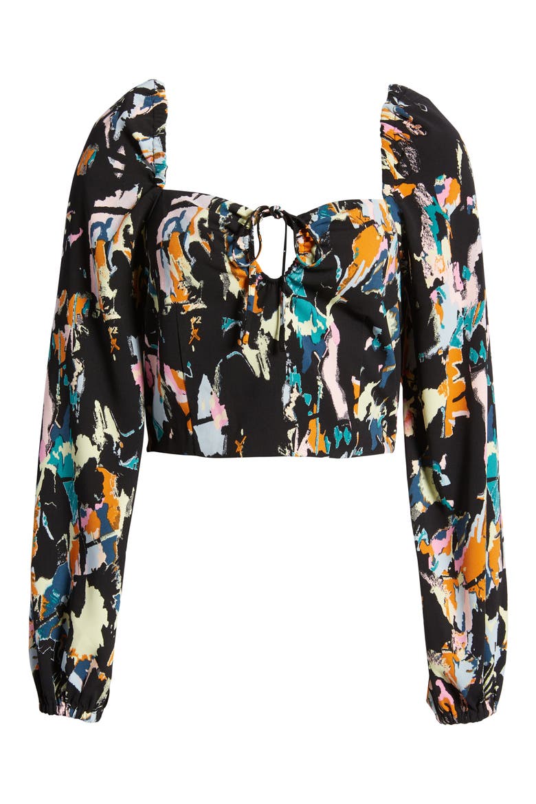 Ruched Long Sleeve Keyhole Crop Top, Alternate, color, BLACK - PINK BRUSHED COLOR