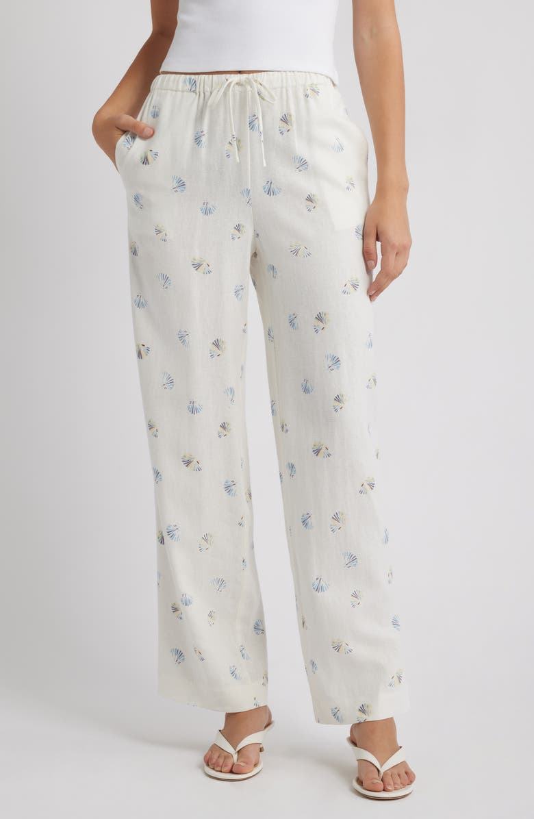 WAYF Blake Shell Print Linen Blend Drawstring Pants, Main, color, Ivory Seashell
