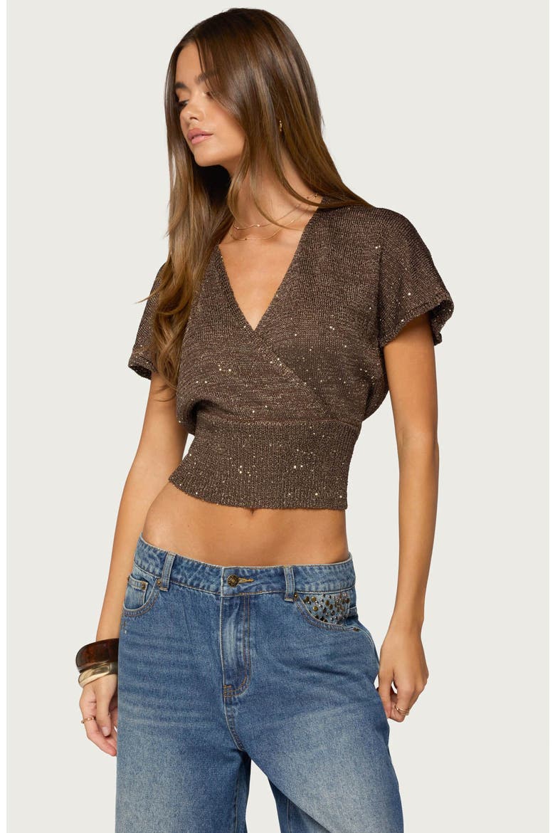 Shirah Sequin Open Back Knit Top, Alternate, color, BROWN