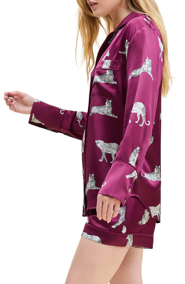 Petite Plume Panthre de Nuit Piped Silk Satin Short Pajamas, Alternate, color, Red