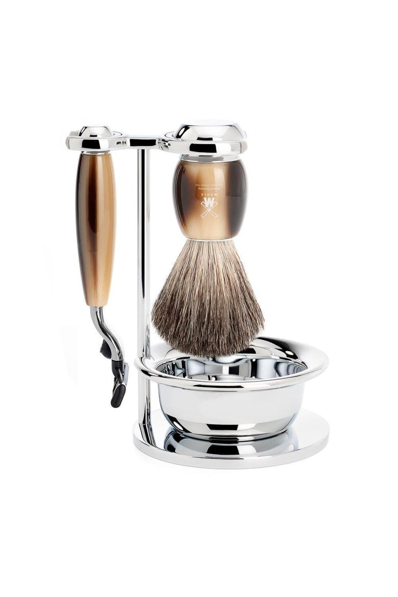 Vivo Brown Horn 4-Piece Pure Badger & Mach-3 Shaving Set, Main, color, Brown Horn