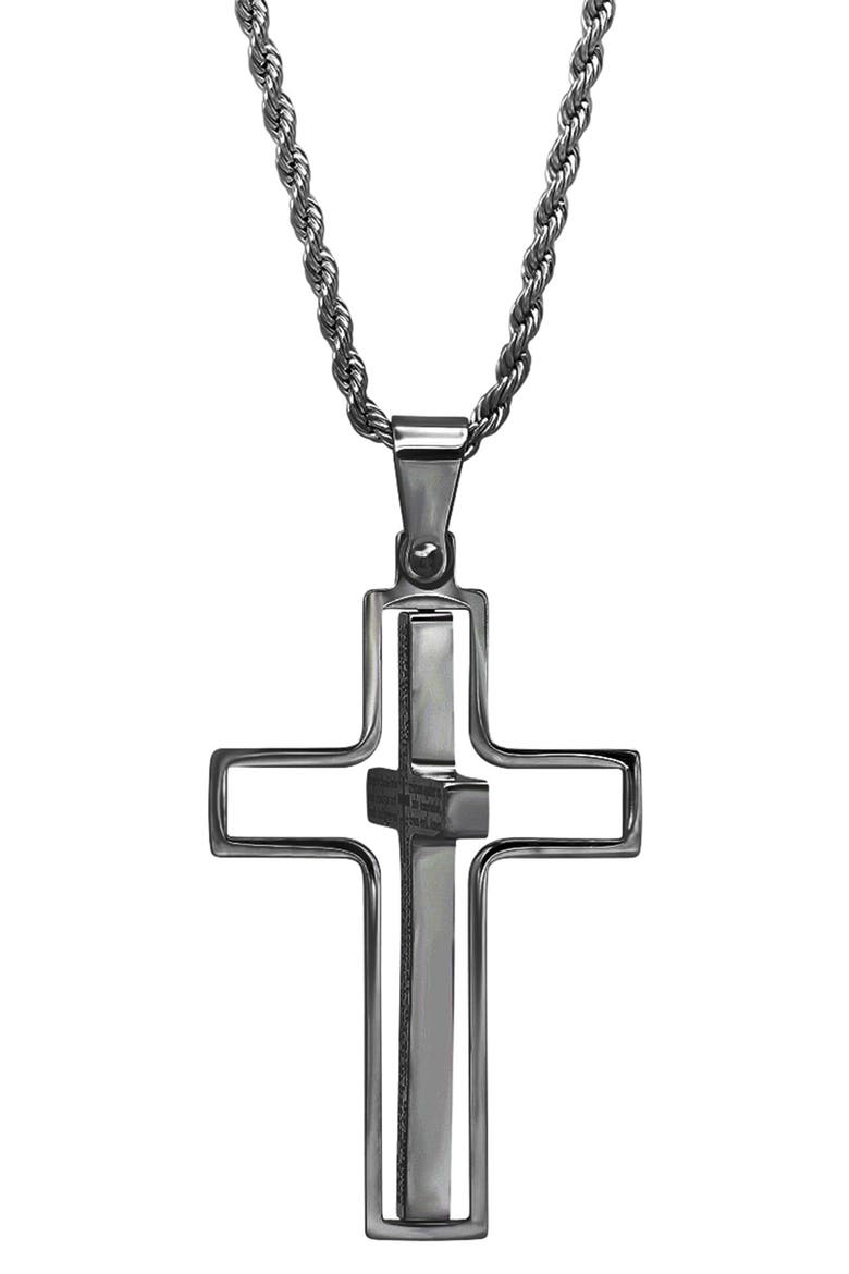 Black IP Stainless Steel Lord's Prayer Engraved Cross Pendant Necklace, Alternate, color, BLACK