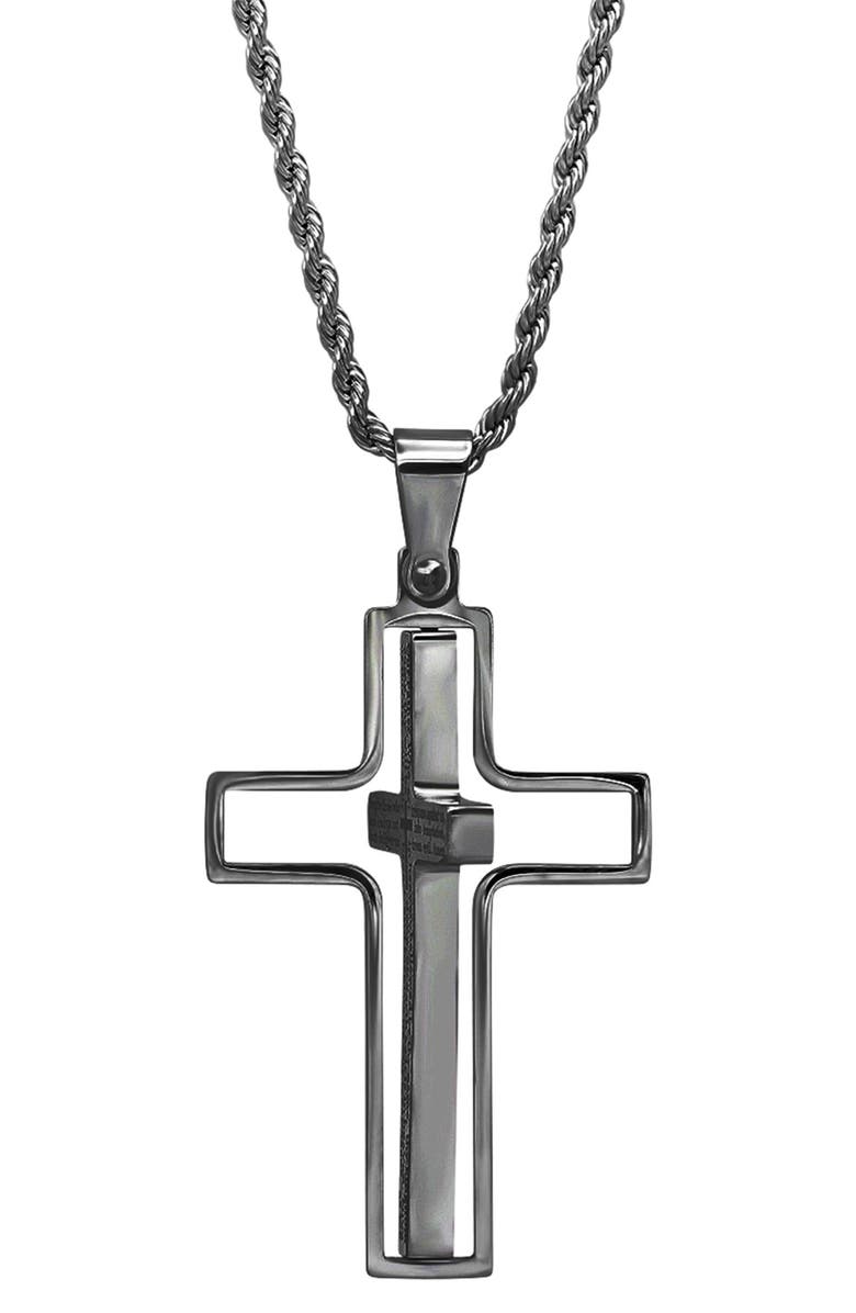 HMY JEWELRY Black IP Stainless Steel Lord's Prayer Engraved Cross Pendant Necklace, Alternate, color, 