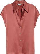 Vince Cap Sleeve Gathered Back Short Sleeve Silk Button-Up Shirt