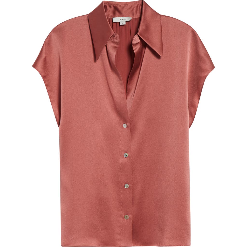 Vince Cap Sleeve Gathered Back Short Sleeve Silk Button-up Shirt