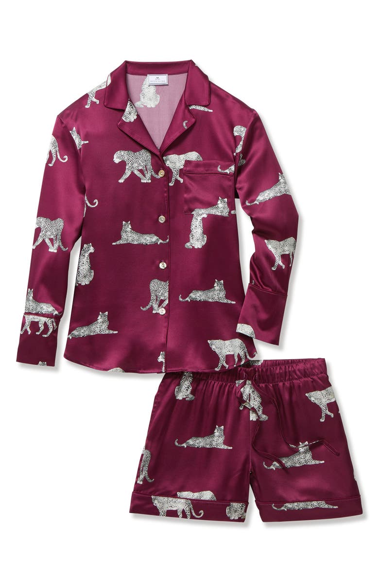 Petite Plume Panthre de Nuit Piped Silk Satin Short Pajamas, Alternate, color, Red