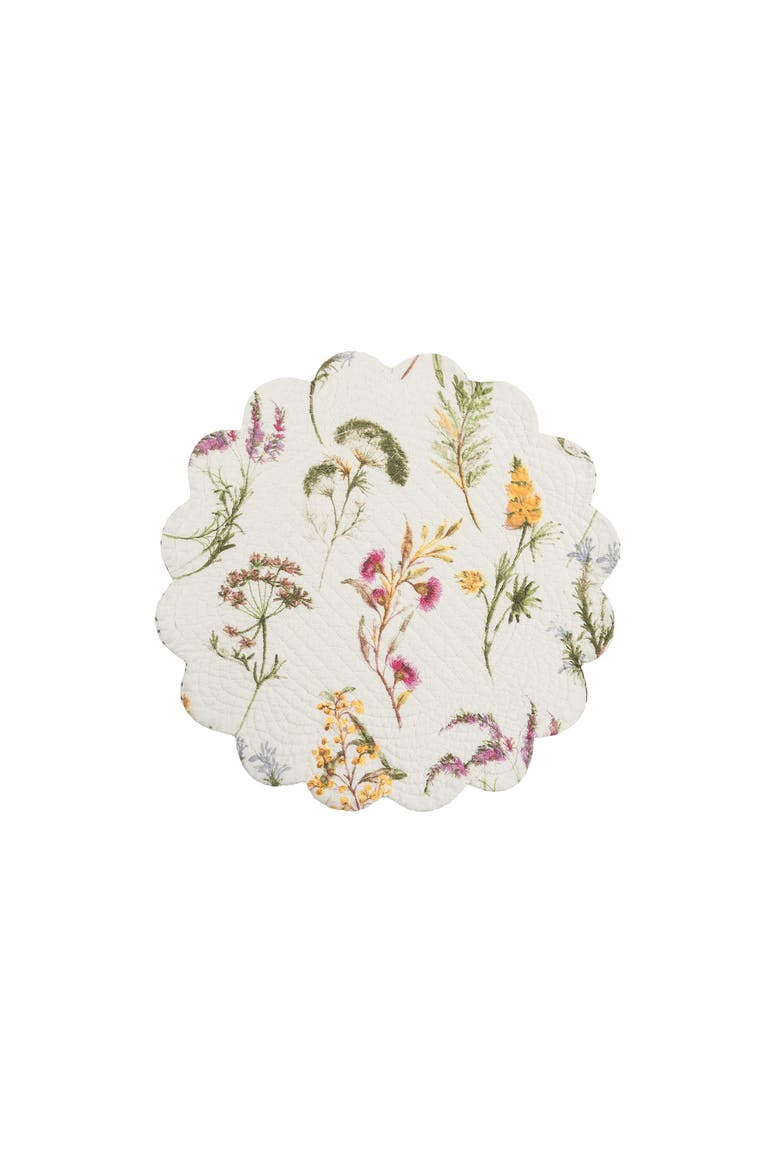 Genevieve Floral Flowers Botanical Round Cotton Quilted Spring Summer Placemats, Set of 6, 17", Alternate, color, Green