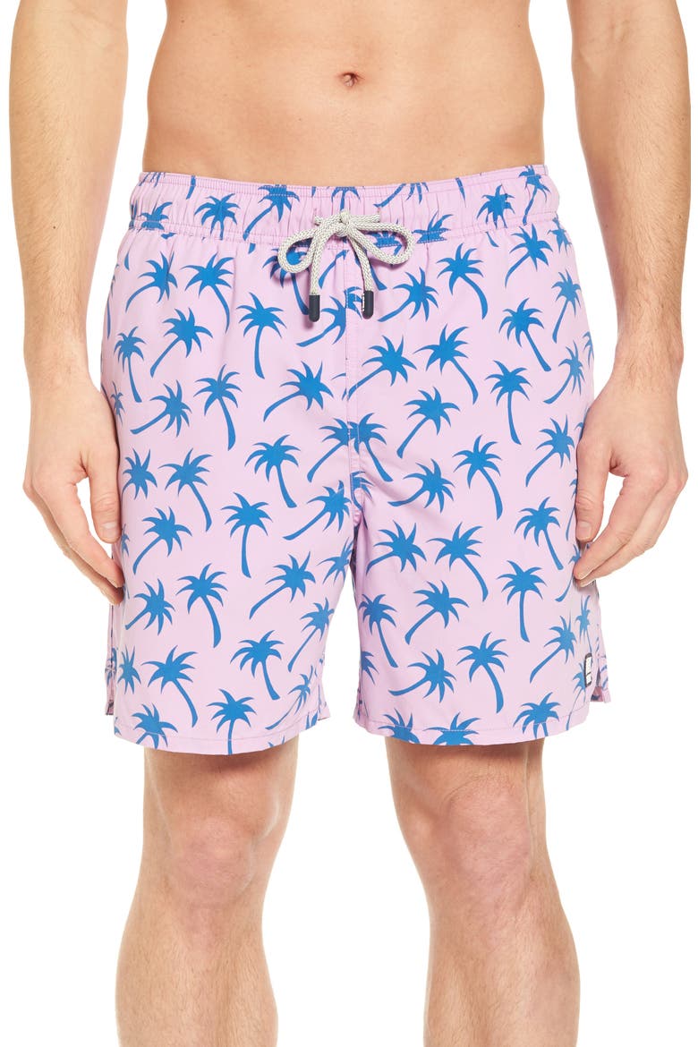 Palm Print Swim Trunks, Main, color, LAVENDER / BLUE