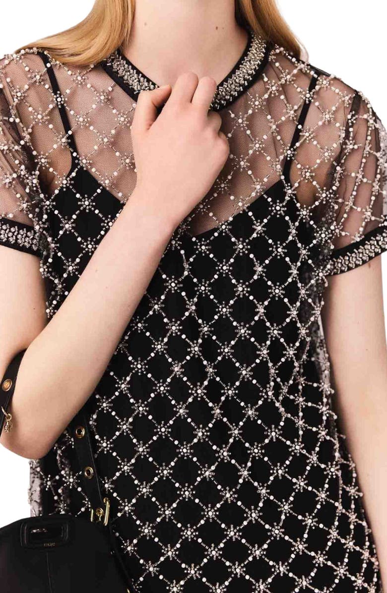 maje Mini embroidered tulle dress, Alternate, color, 