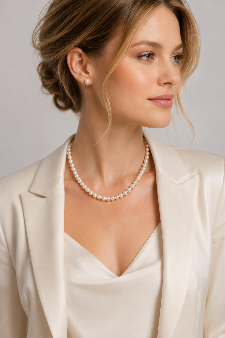 6.5-7.0mm Hanadama Pearl Necklace and Earring Set, Alternate, color, White Gold