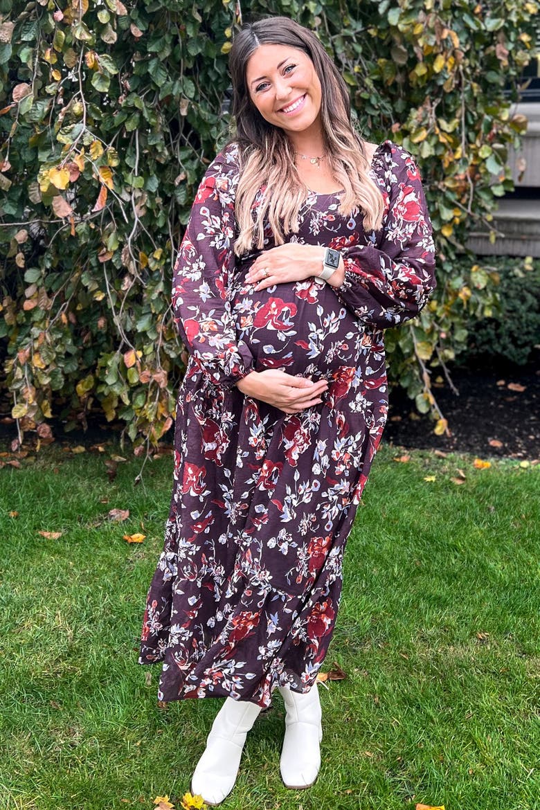 Floral V-Neck Bubble Sleeve Maxi Dress, Alternate, color, Brown