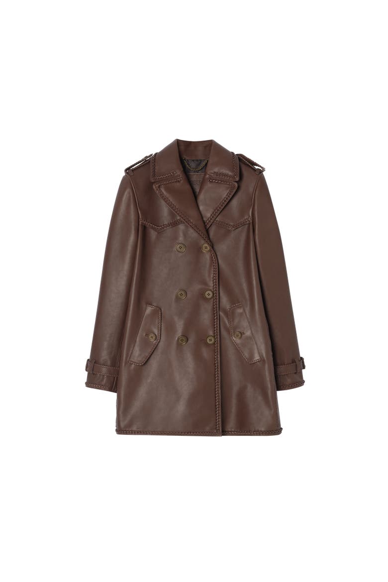 Short Fringed Leather Trench Coat, Alternate, color, Mid brown