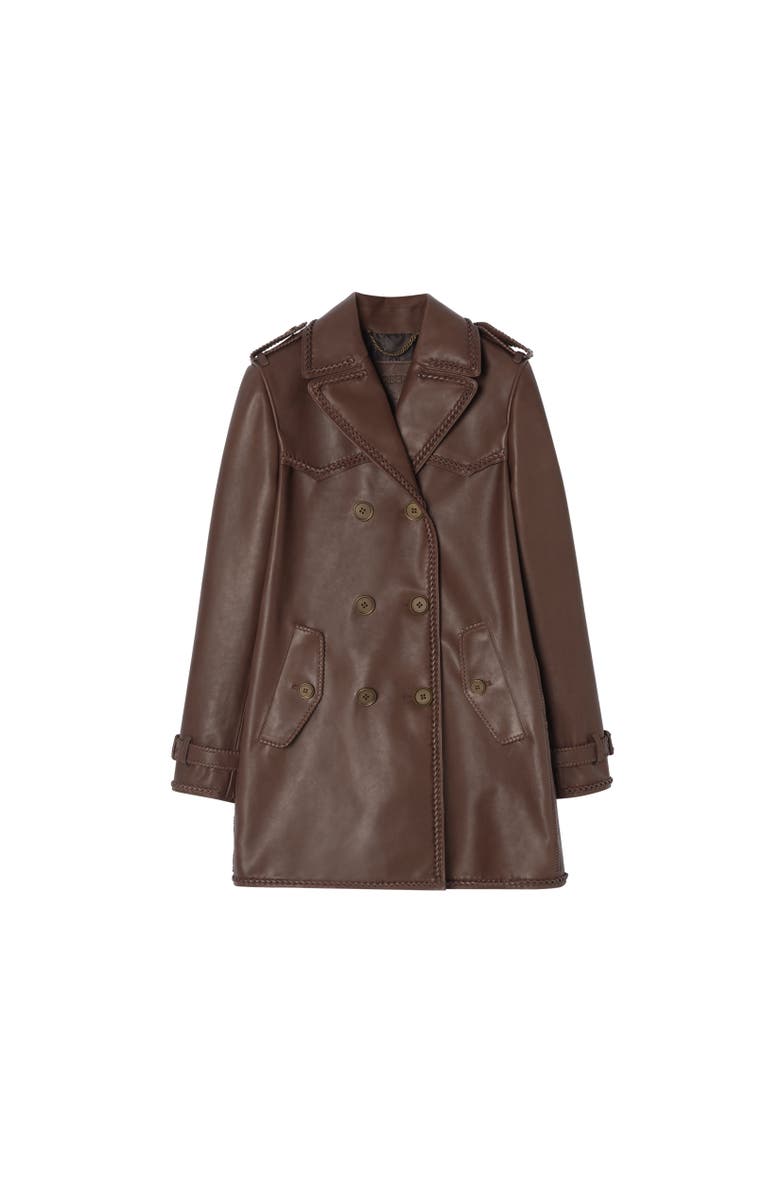 Burberry Short Fringed Leather Trench Coat, Alternate, color, Mid Brown