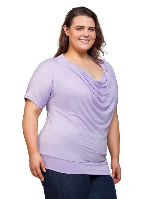 24seven Comfort Apparel Cowl Neck Short Sleeve Top With Banded Bottom In Purple