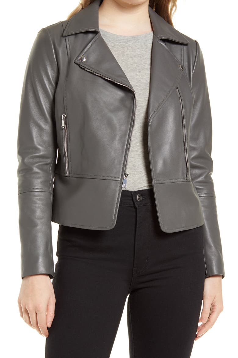 Peplum Lambskin Leather Moto Jacket, Alternate, color, MOONLIGHT GREY