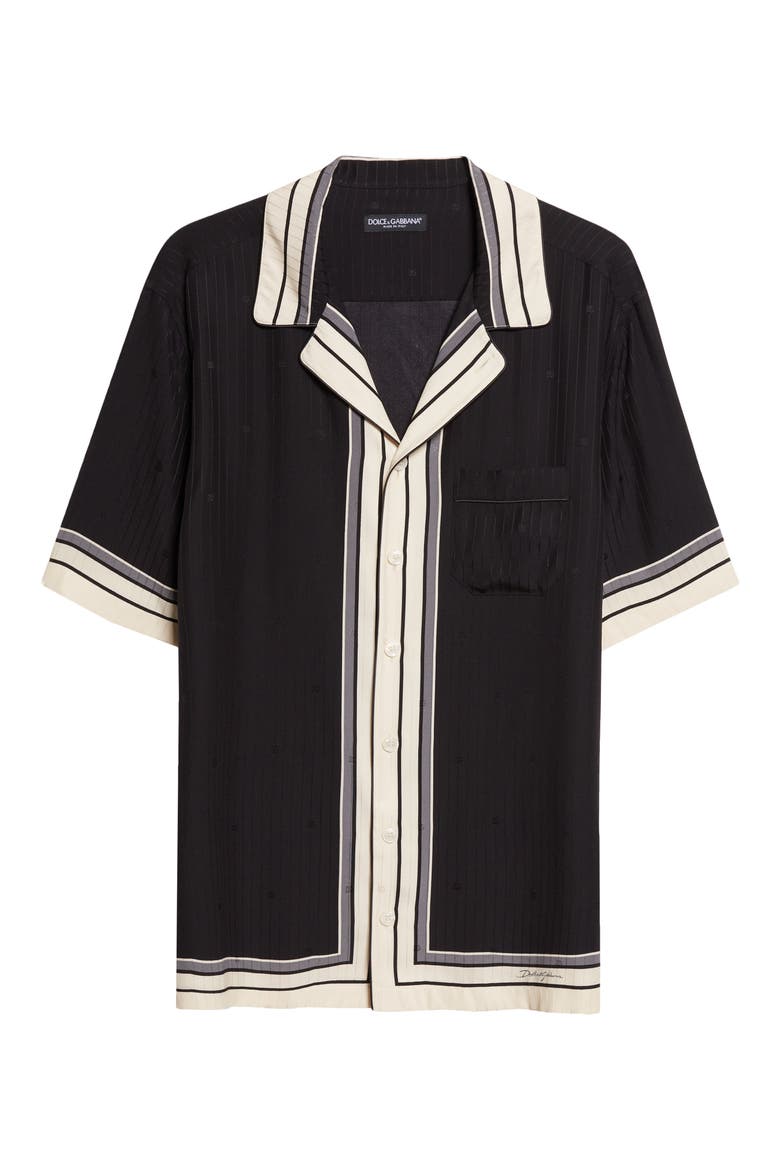 Engineered Stripe Print Short Sleeve Silk Button-Up Shirt, Alternate, color, RIGHE F.NERO