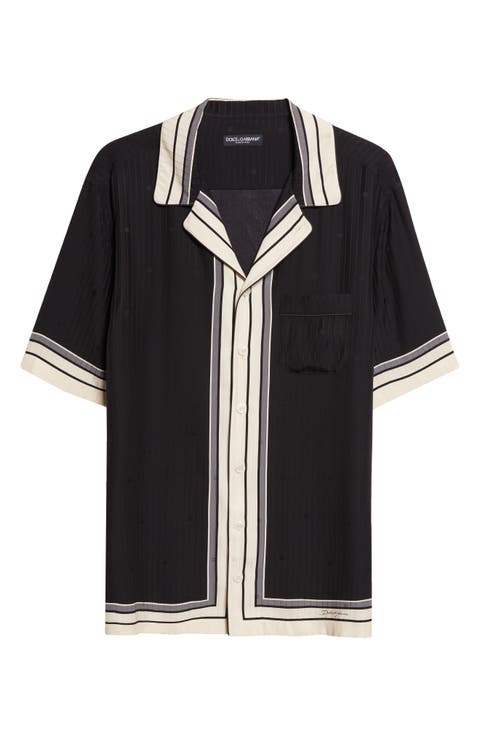 Engineered Stripe Print Short Sleeve Silk Button-Up Shirt