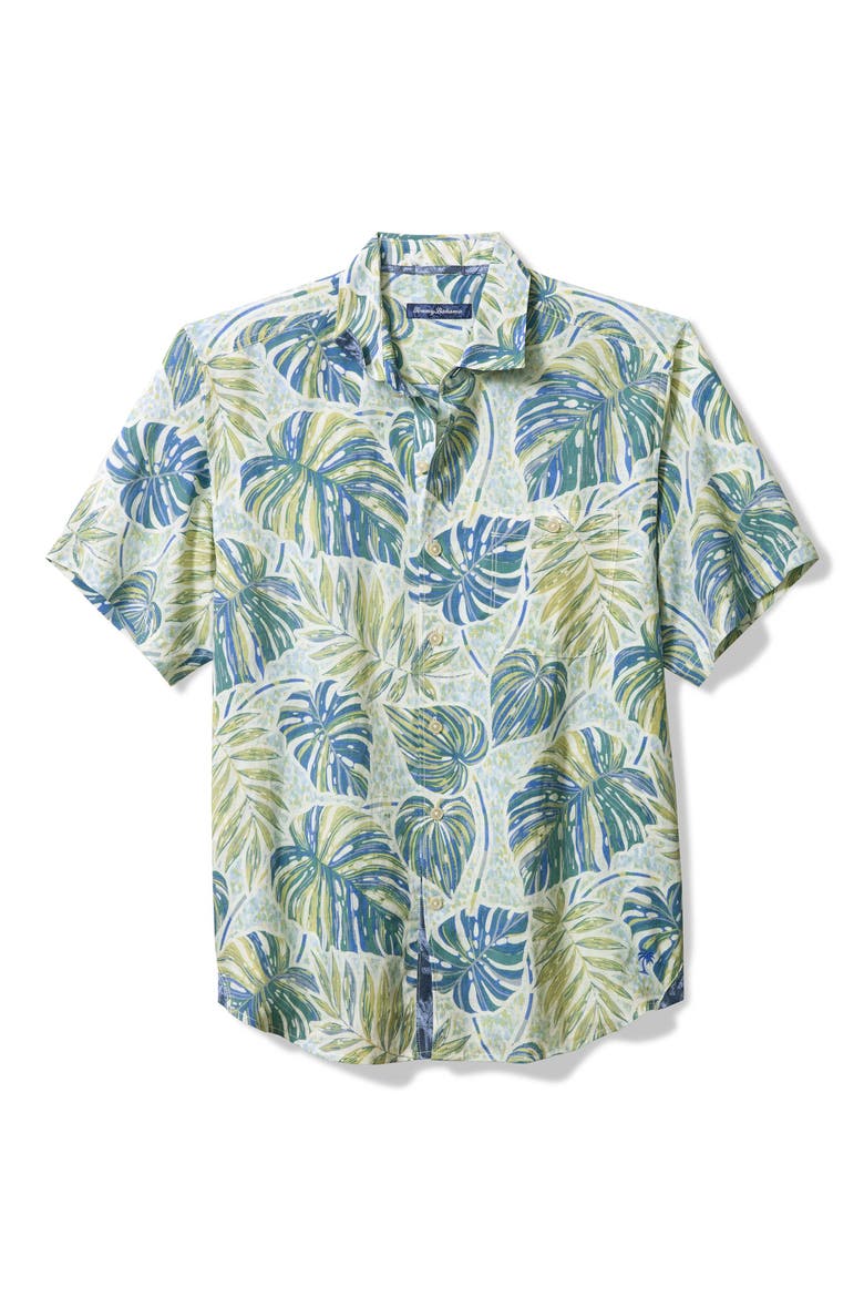 Sand Monstera Print Short Sleeve Linen Blend Button-Up Shirt, Main, color, BLUE WHISPER