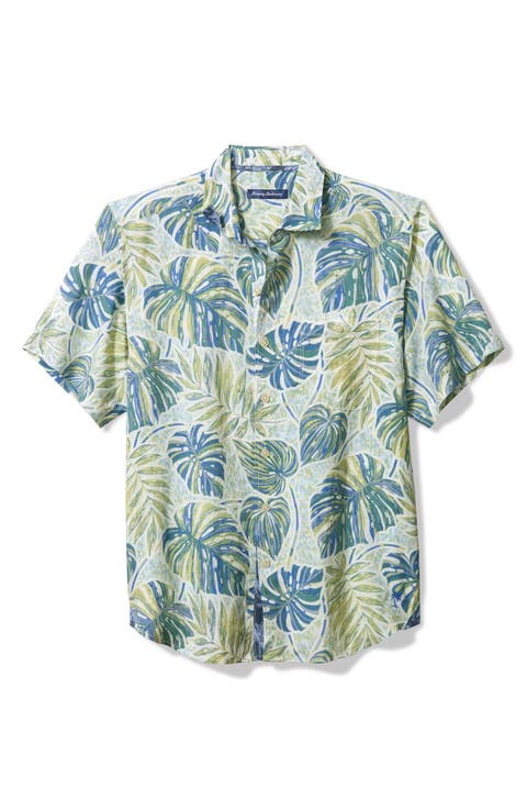 Sand Monstera Print Short Sleeve Linen Blend Button-Up Shirt (Big & Tall)